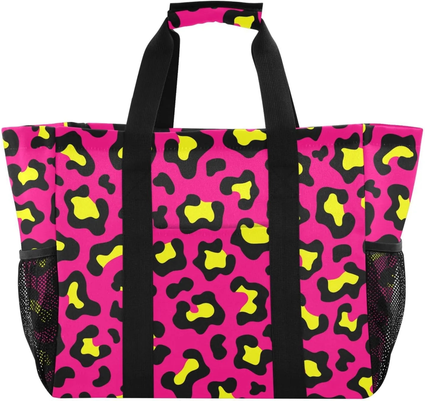 susiyo Bright Pink and Yellow Leopard Print Reusable Grocery Tote Bag Collapsible Canvas Beach Bag Large Travel Bags for Hiking Trip Pool