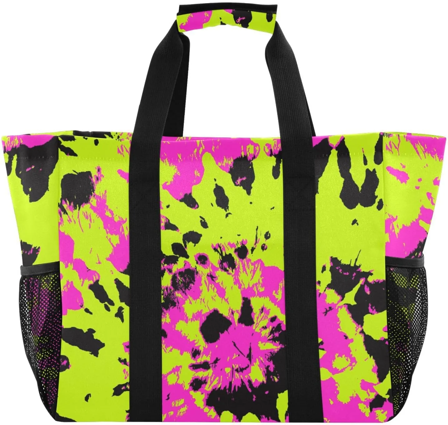 susiyo Bright Pink Green Tie Dye Reusable Grocery Tote Bag Collapsible Canvas Beach Bag Large Travel Bags for Hiking Trip Pool