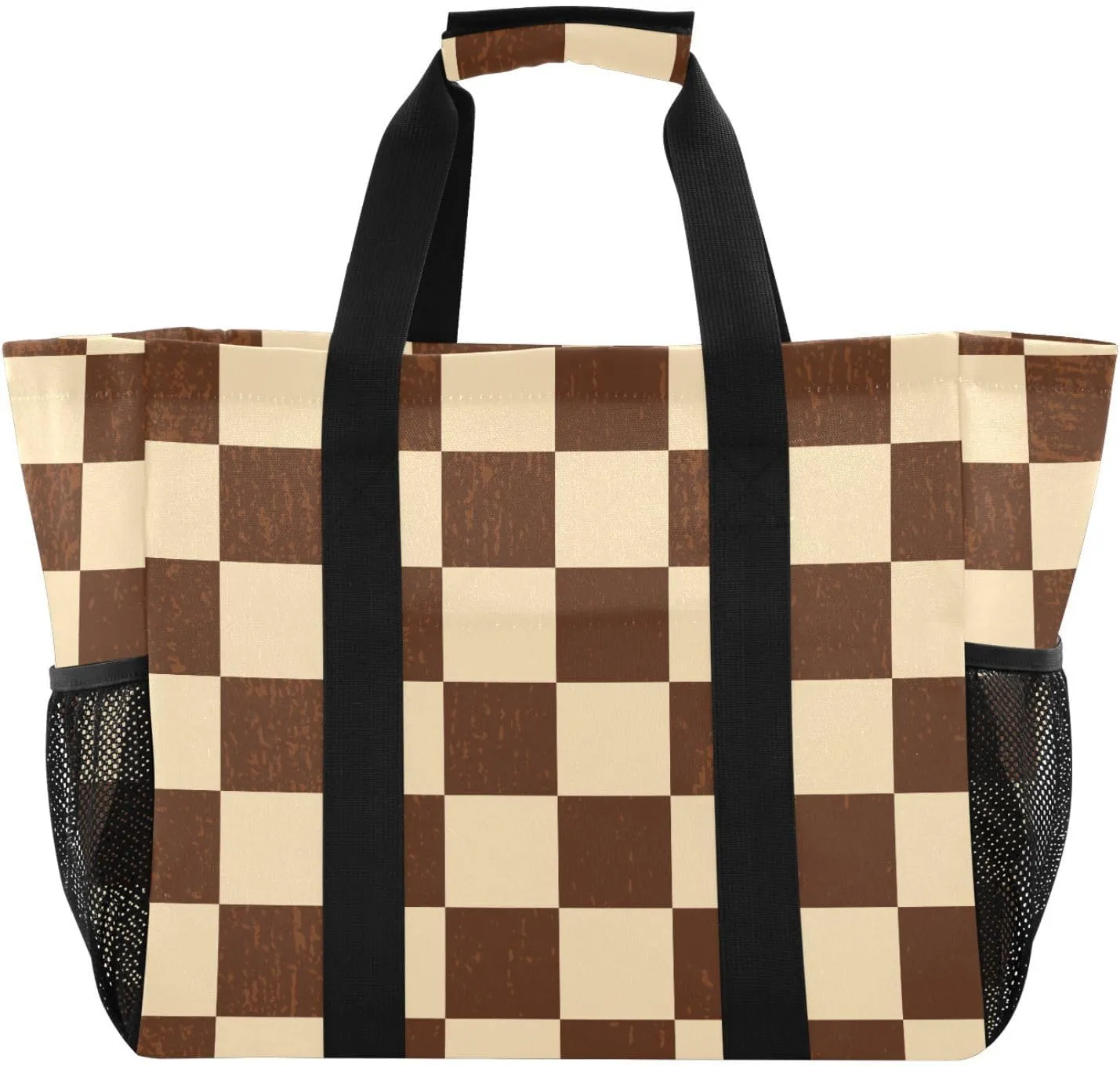 susiyo Brown Beige Checkered Plaid Reusable Grocery Tote Bag Collapsible Canvas Beach Bag Large Travel Bags for Hiking Trip Pool