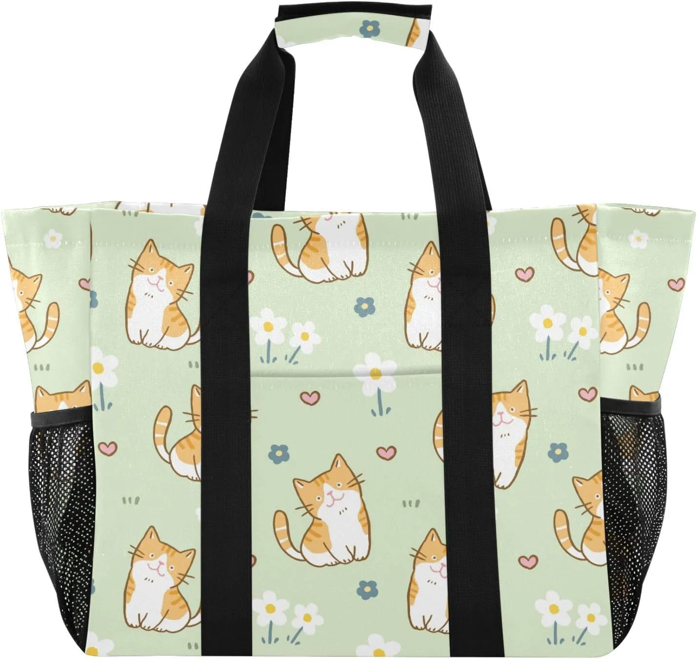 susiyo Cartoon Cat Flower and Heart Reusable Grocery Tote Bag Collapsible Canvas Beach Bag Large Travel Bags for Hiking Trip Pool