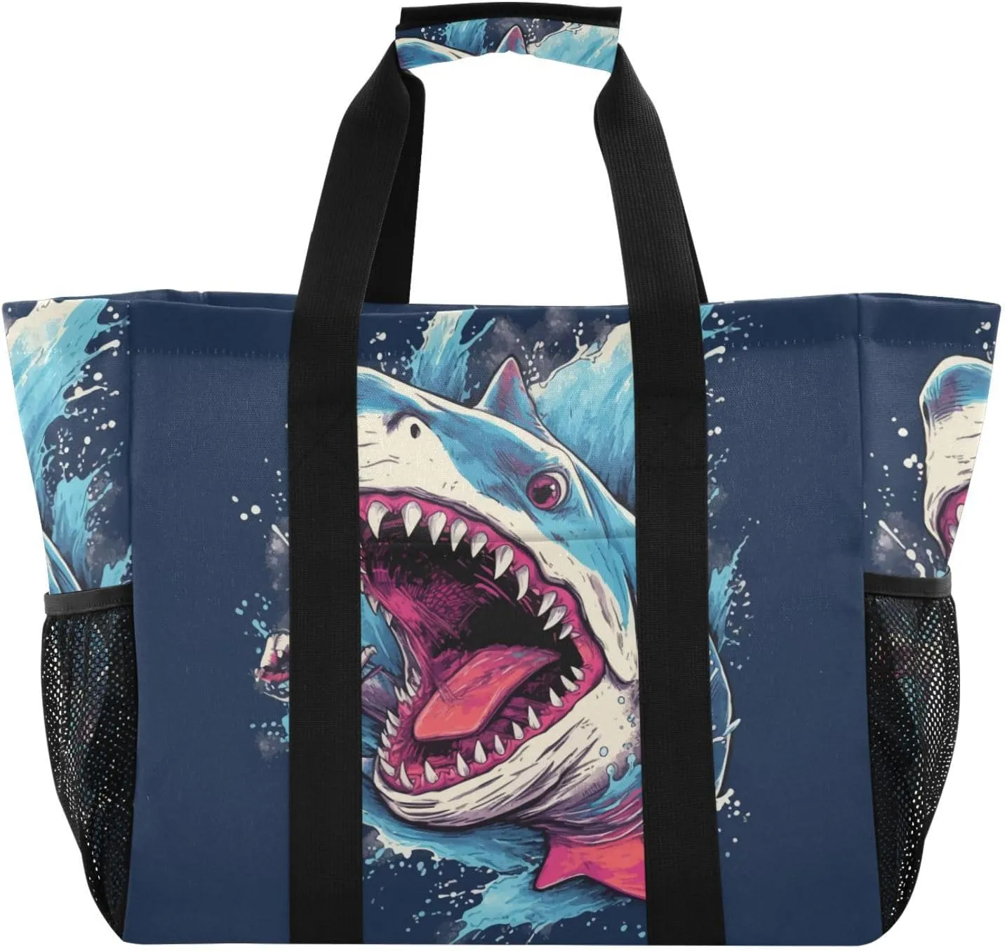 susiyo Cartoon Sharks Reusable Grocery Tote Bag Collapsible Canvas Beach Bag Large Travel Bags for Hiking Trip Pool
