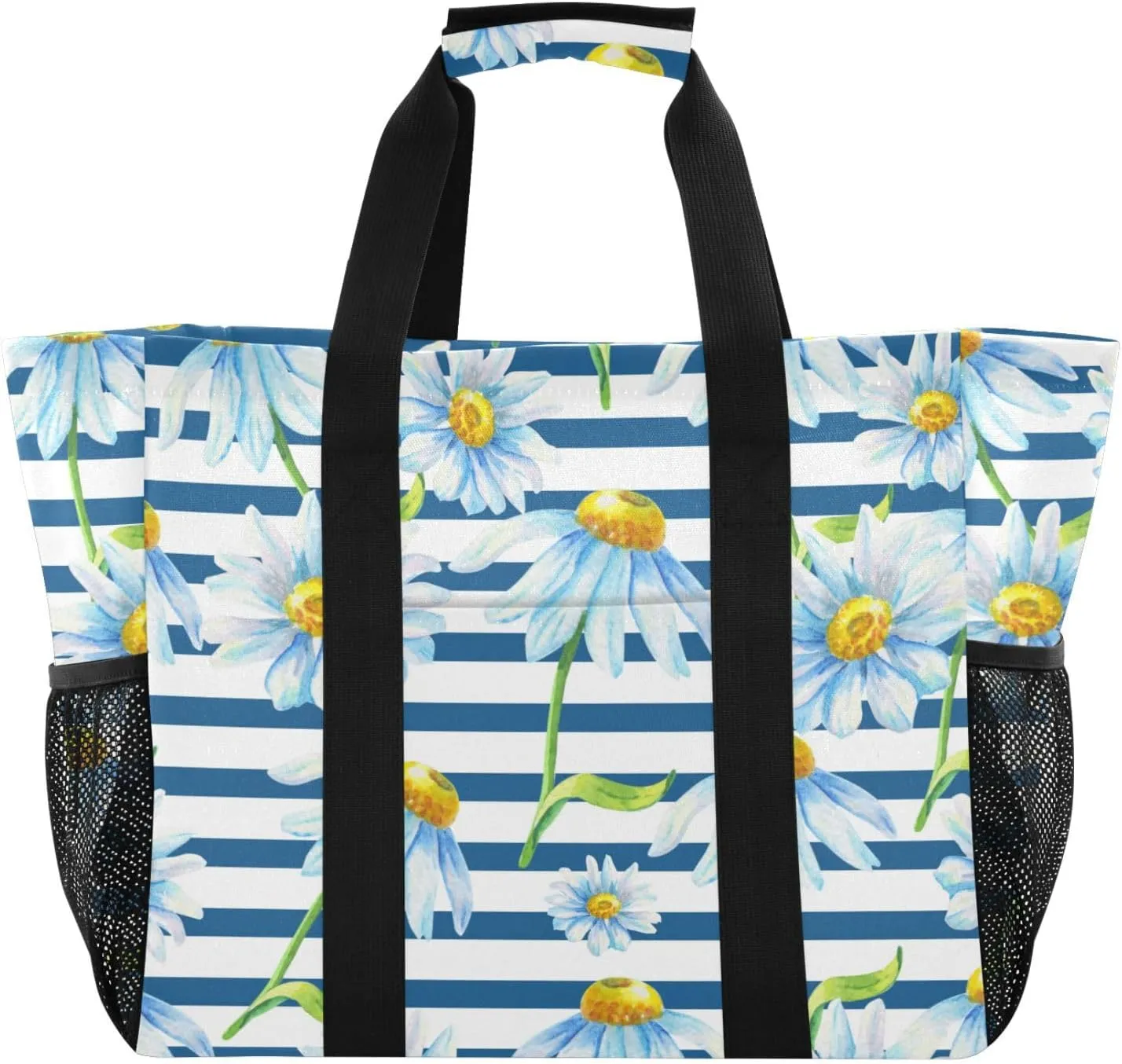susiyo Chamomile on Blue Striped Reusable Grocery Tote Bag Collapsible Canvas Beach Bag Large Travel Bags for Hiking Trip Pool