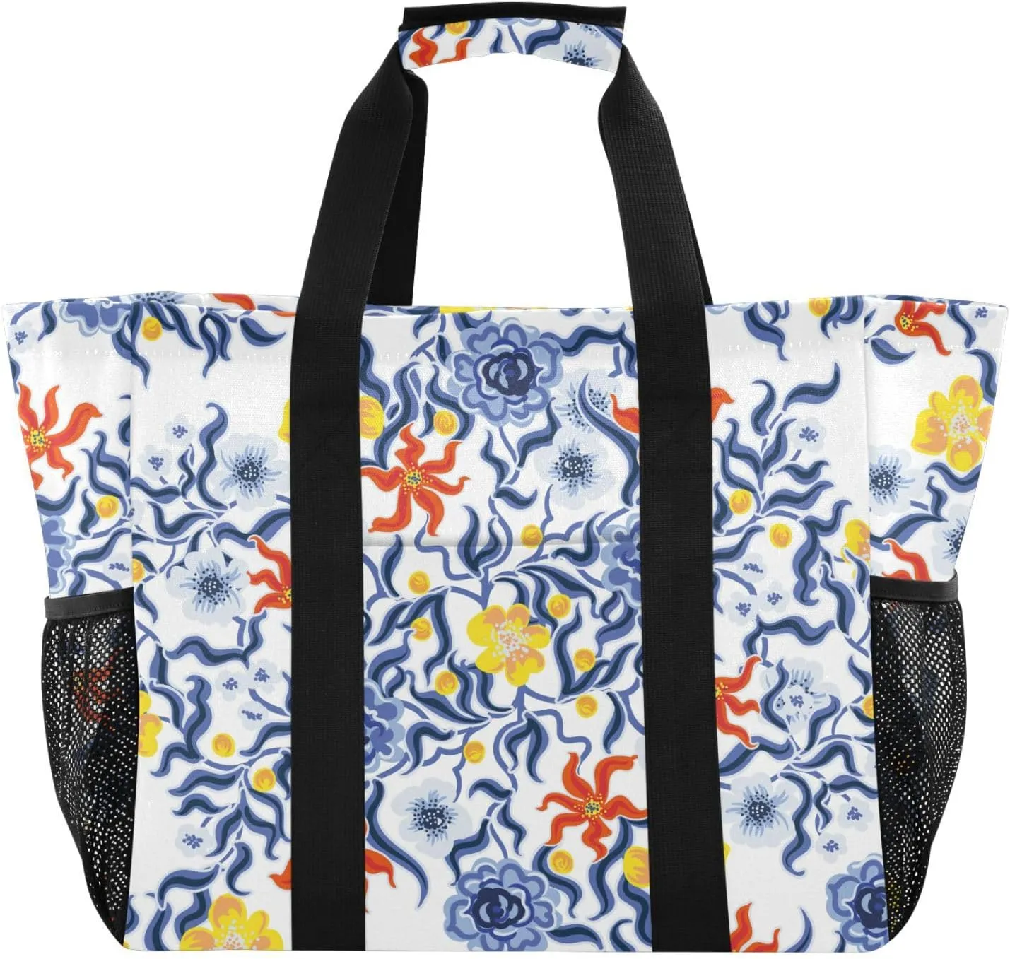 susiyo Chinoiserie Style Colorful Flowers Reusable Grocery Tote Bag Collapsible Canvas Beach Bag Large Travel Bags for Hiking Trip Pool