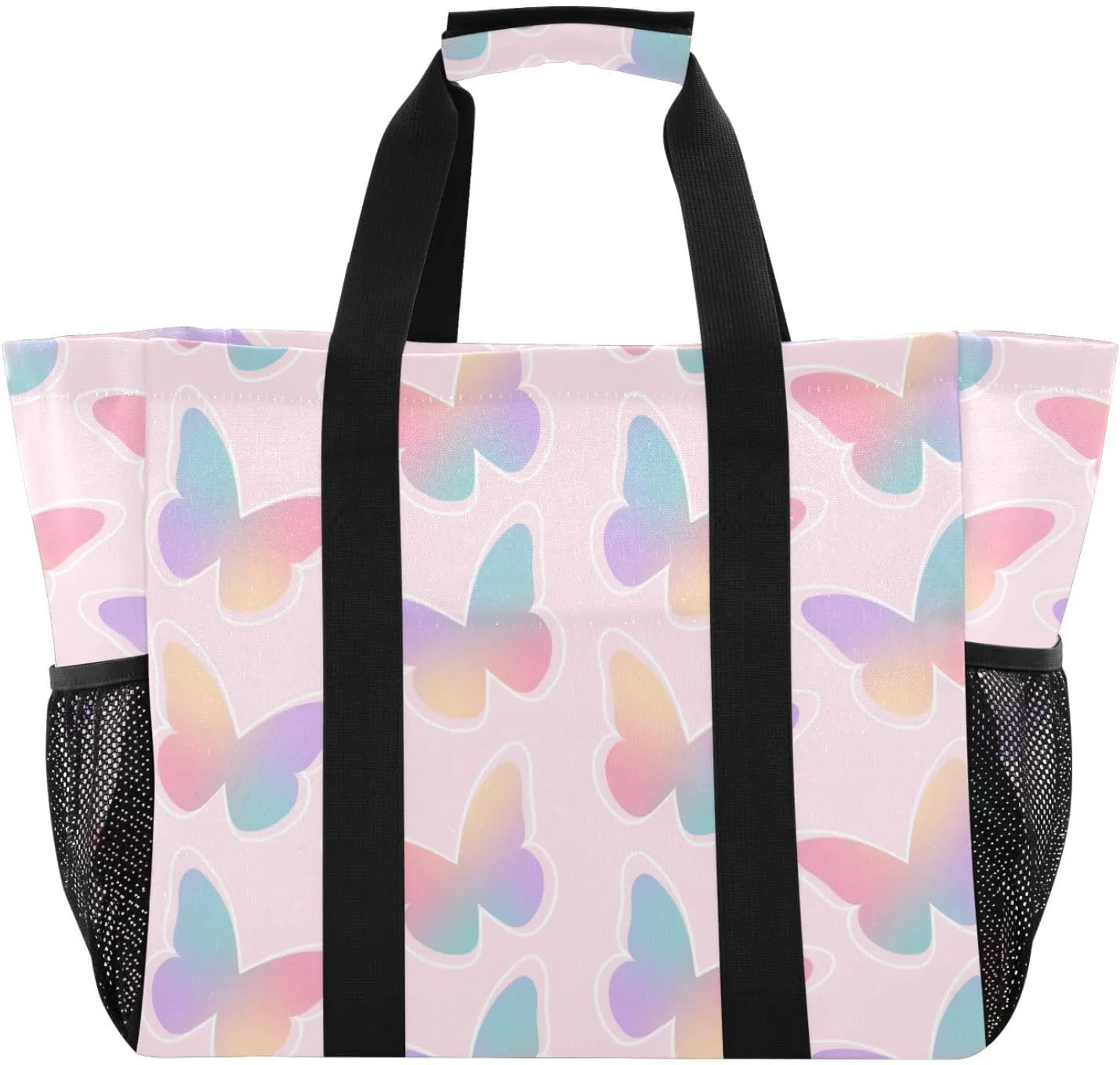 susiyo Colored Butterflies on Pink Reusable Grocery Tote Bag Collapsible Canvas Beach Bag Large Travel Bags for Hiking Trip Pool