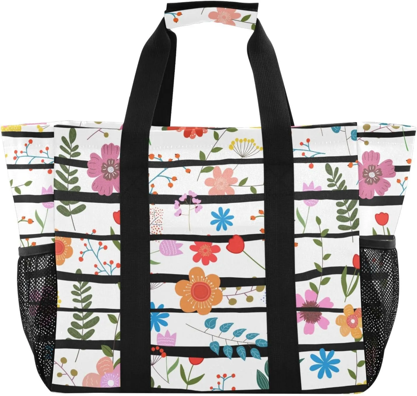 susiyo Colorful Flowers Black Stripes Reusable Grocery Tote Bag Collapsible Canvas Beach Bag Large Travel Bags for Hiking Trip Pool