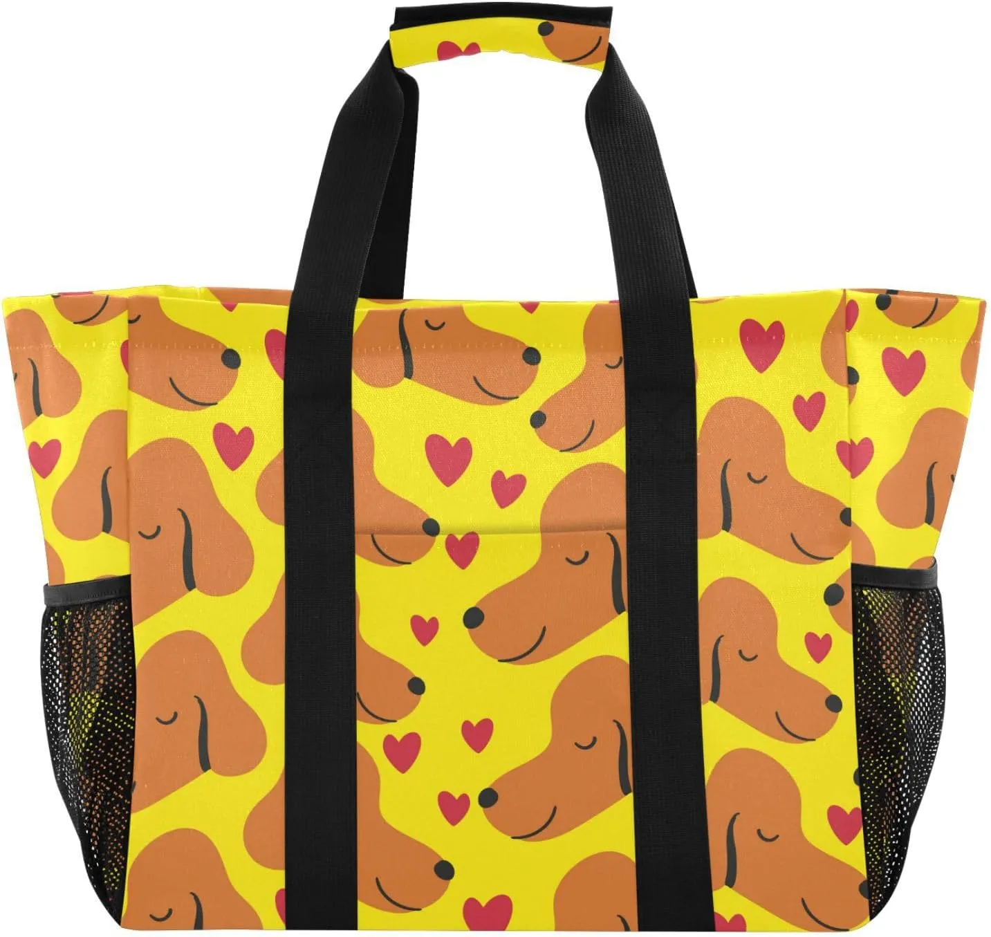 susiyo Dogs and Hearts on Yellow Reusable Grocery Tote Bag Collapsible Canvas Beach Bag Large Travel Bags for Hiking Trip Pool