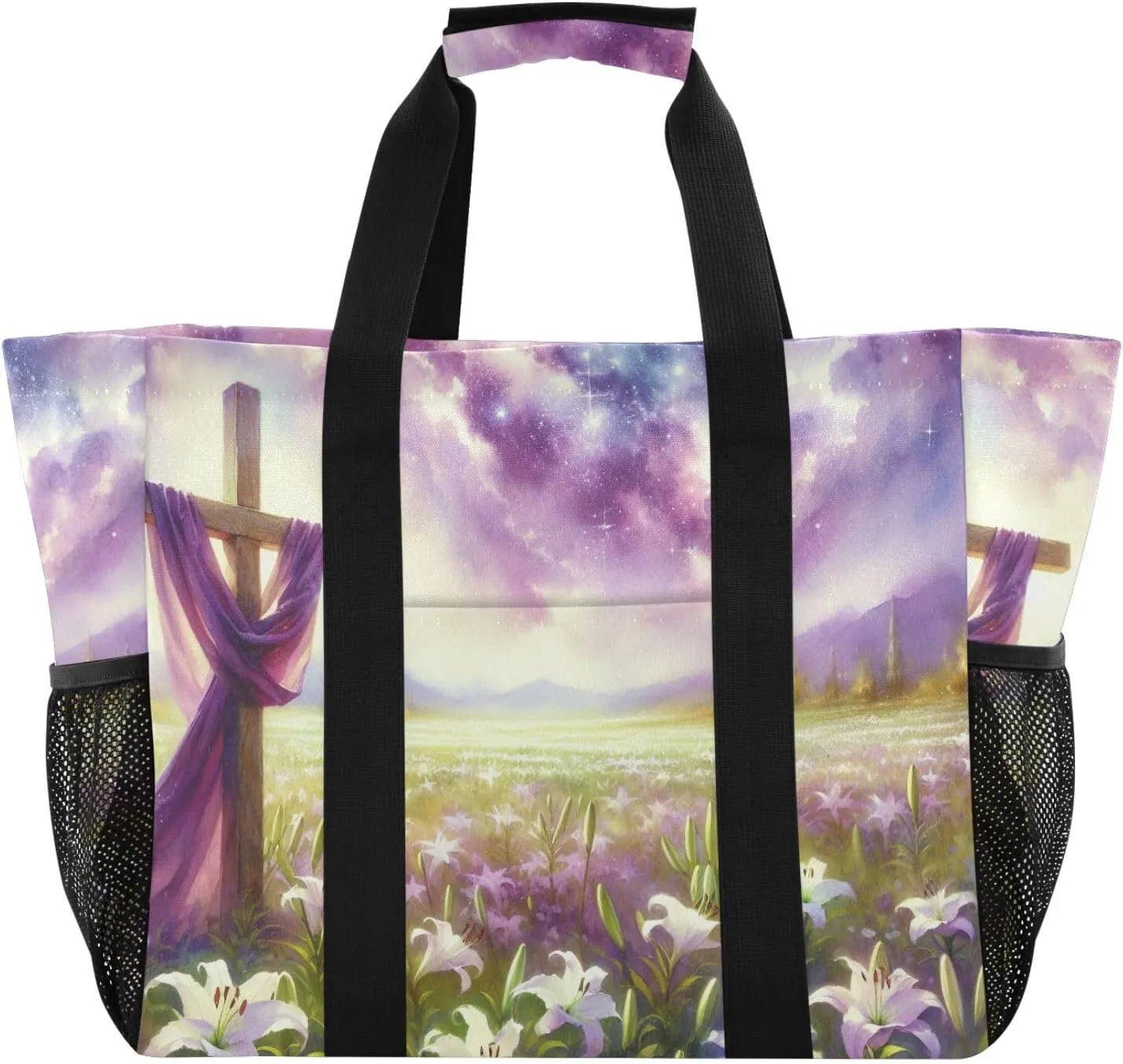 susiyo Easter Lilies Flowers Field with Cross Reusable Grocery Tote Bag Collapsible Canvas Beach Bag Large Travel Bags for Hiking Trip Pool