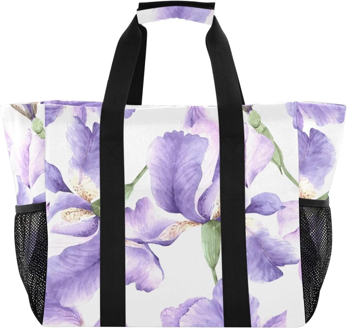 susiyo Lilac Iris Flowers Reusable Grocery Tote Bag Collapsible Canvas Beach Bag Large Travel Bags for Hiking Trip Pool
