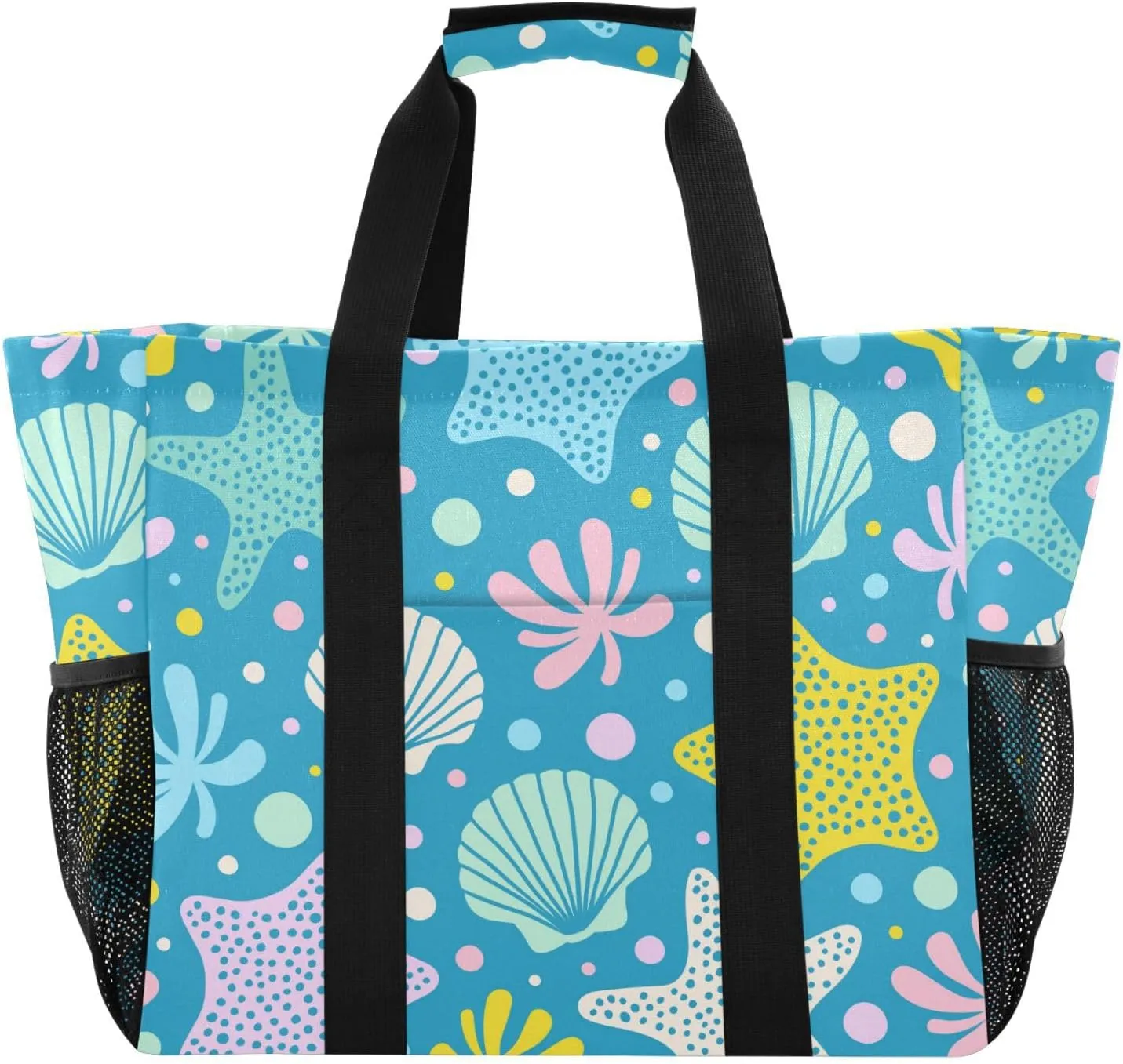susiyo Marine Starfish Corals Seashells Reusable Grocery Tote Bag Collapsible Canvas Beach Bag Large Travel Bags for Hiking Trip Pool