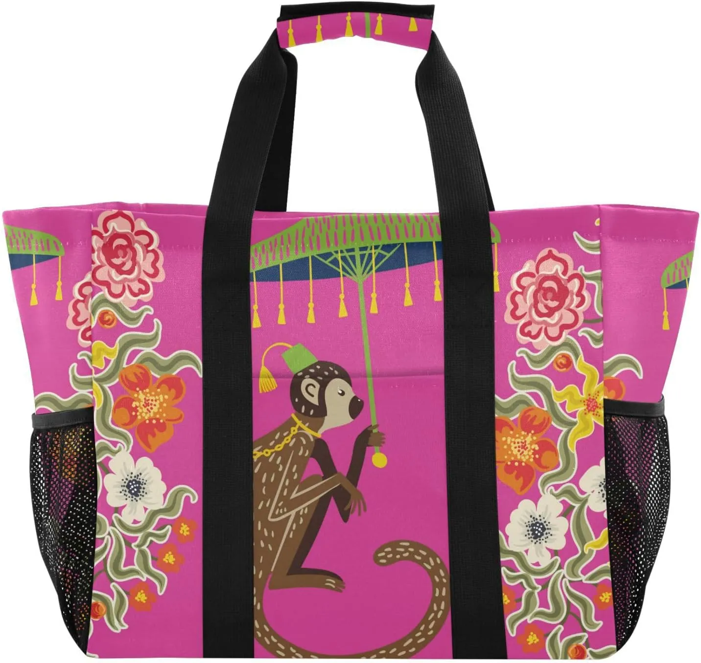 susiyo Monkey in Chinoiserie Style Reusable Grocery Tote Bag Collapsible Canvas Beach Bag Large Travel Bags for Hiking Trip Pool