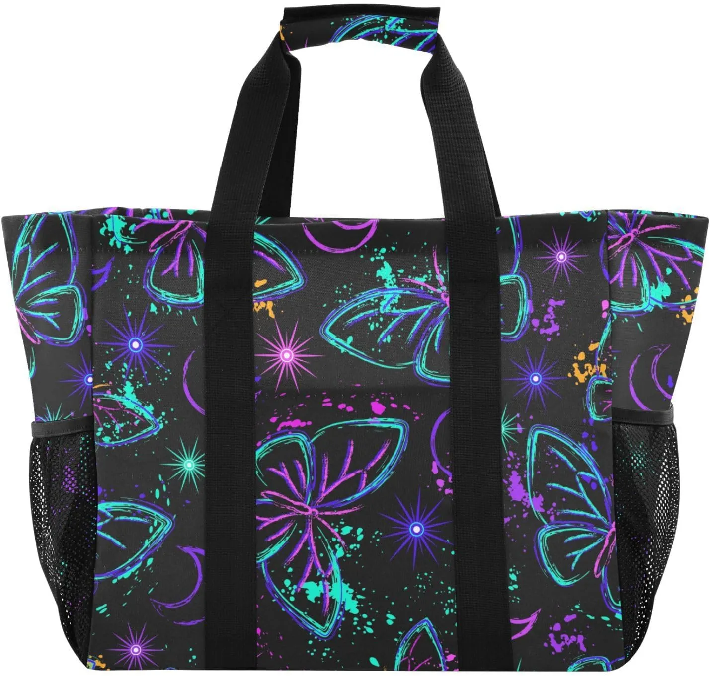 susiyo Neon Bright Butterfly Reusable Grocery Tote Bag Collapsible Canvas Beach Bag Large Travel Bags for Hiking Trip Pool
