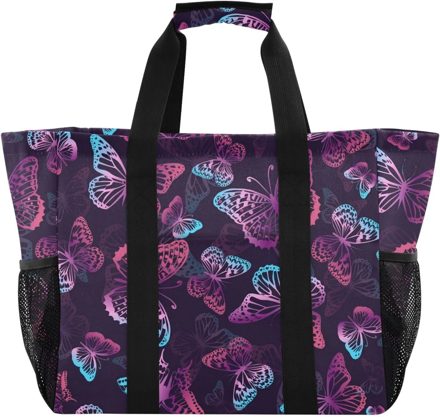 susiyo Purple and Neon Butterflies Reusable Grocery Tote Bag Collapsible Canvas Beach Bag Large Travel Bags for Hiking Trip Pool