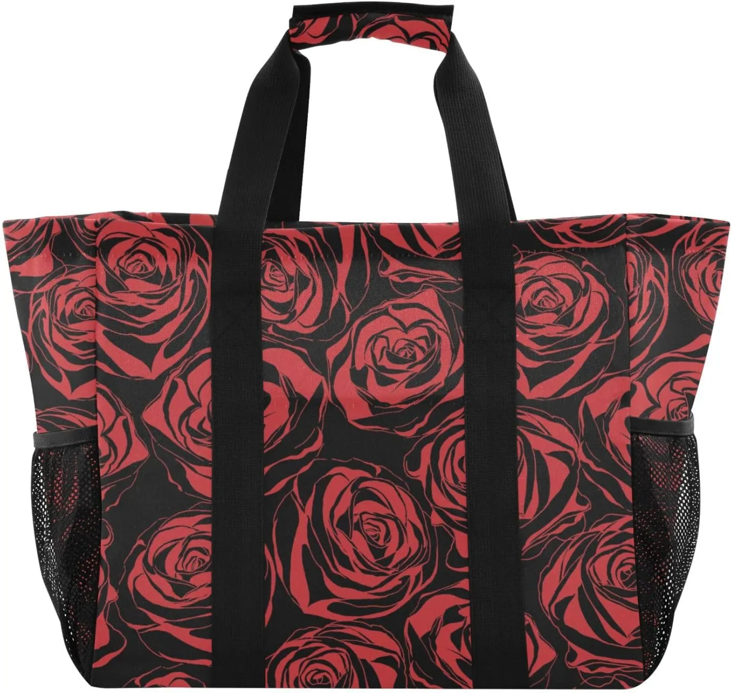 susiyo Red Roses Flowers on Black Reusable Grocery Tote Bag Collapsible Canvas Beach Bag Large Travel Bags for Hiking Trip Pool