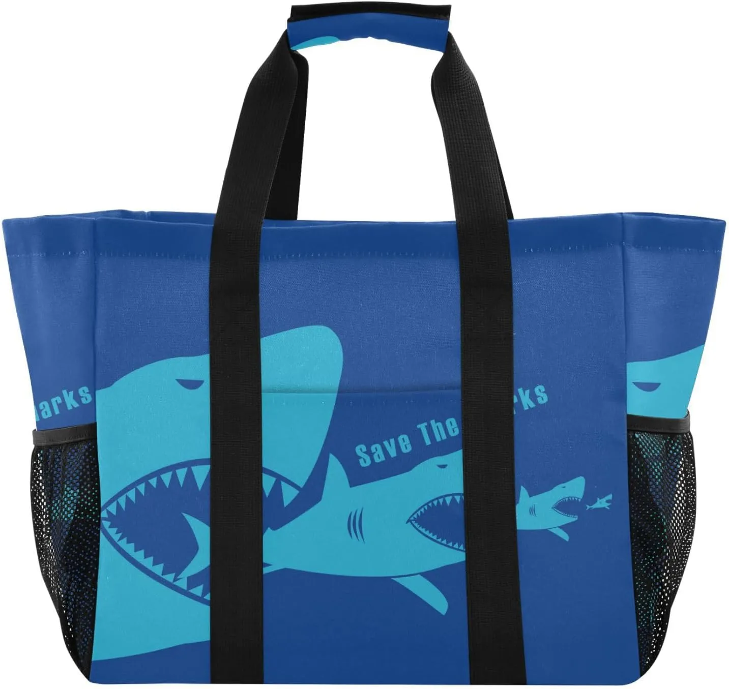 susiyo Save The Sharks on Blue Reusable Grocery Tote Bag Collapsible Canvas Beach Bag Large Travel Bags for Hiking Trip Pool