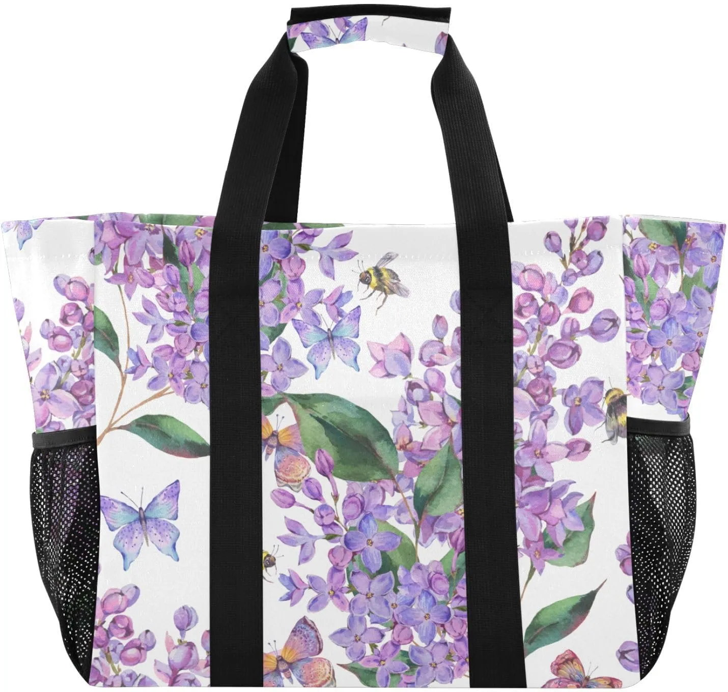susiyo Spring Blooming Lilacs Flowers Bees Reusable Grocery Tote Bag Collapsible Canvas Beach Bag Large Travel Bags for Hiking Trip Pool