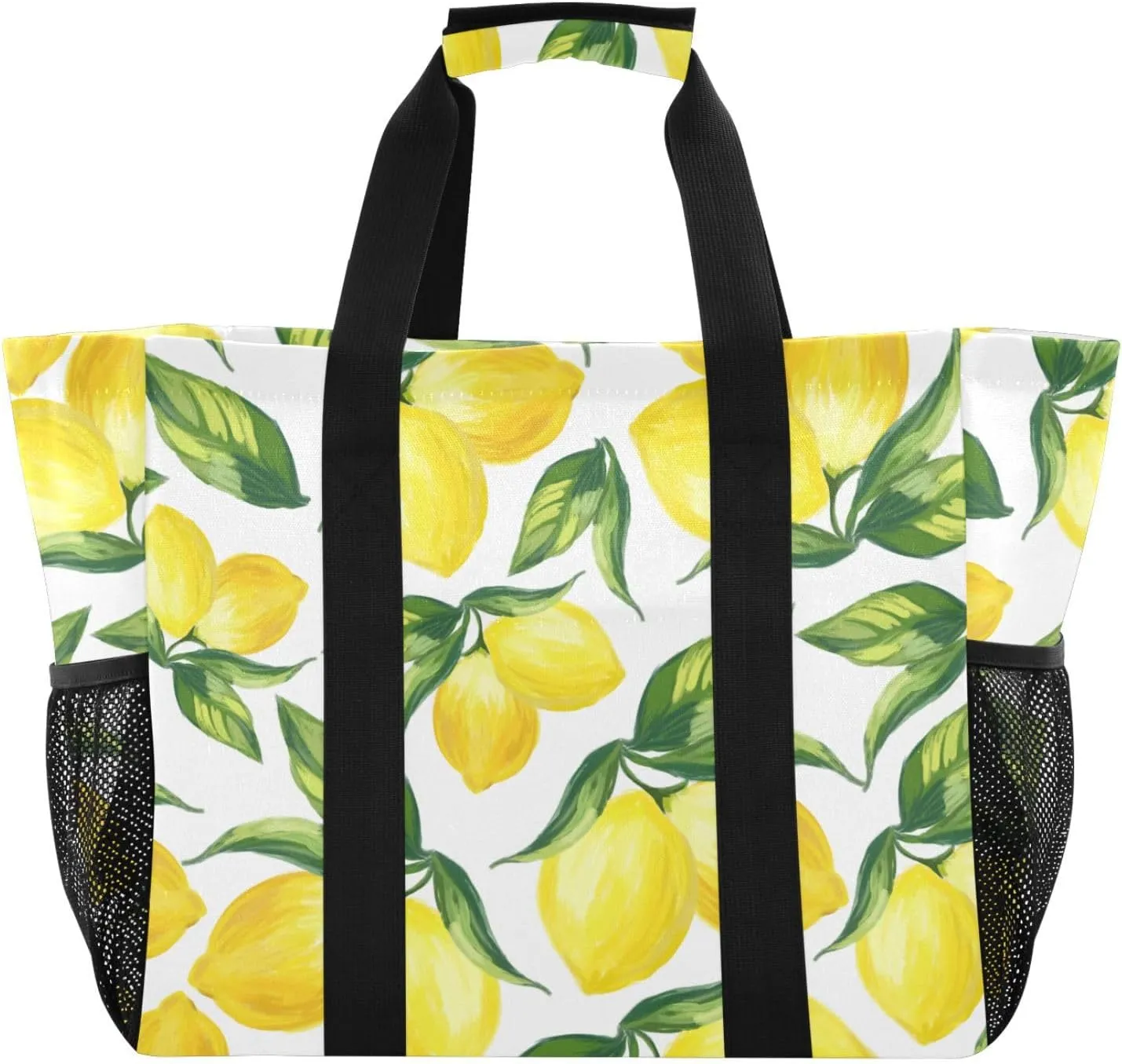 susiyo Summer Lemon with Green Leaves Reusable Grocery Tote Bag Collapsible Canvas Beach Bag Large Travel Bags for Hiking Trip Pool