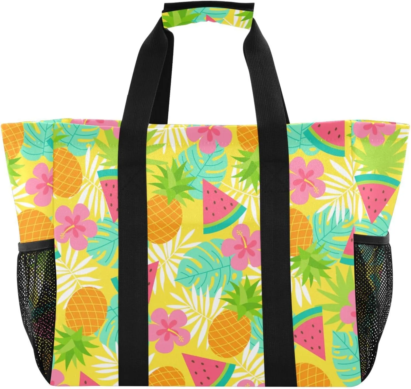 susiyo Tropical Fruits Flowers on Yellow Reusable Grocery Tote Bag Collapsible Canvas Beach Bag Large Travel Bags for Hiking Trip Pool