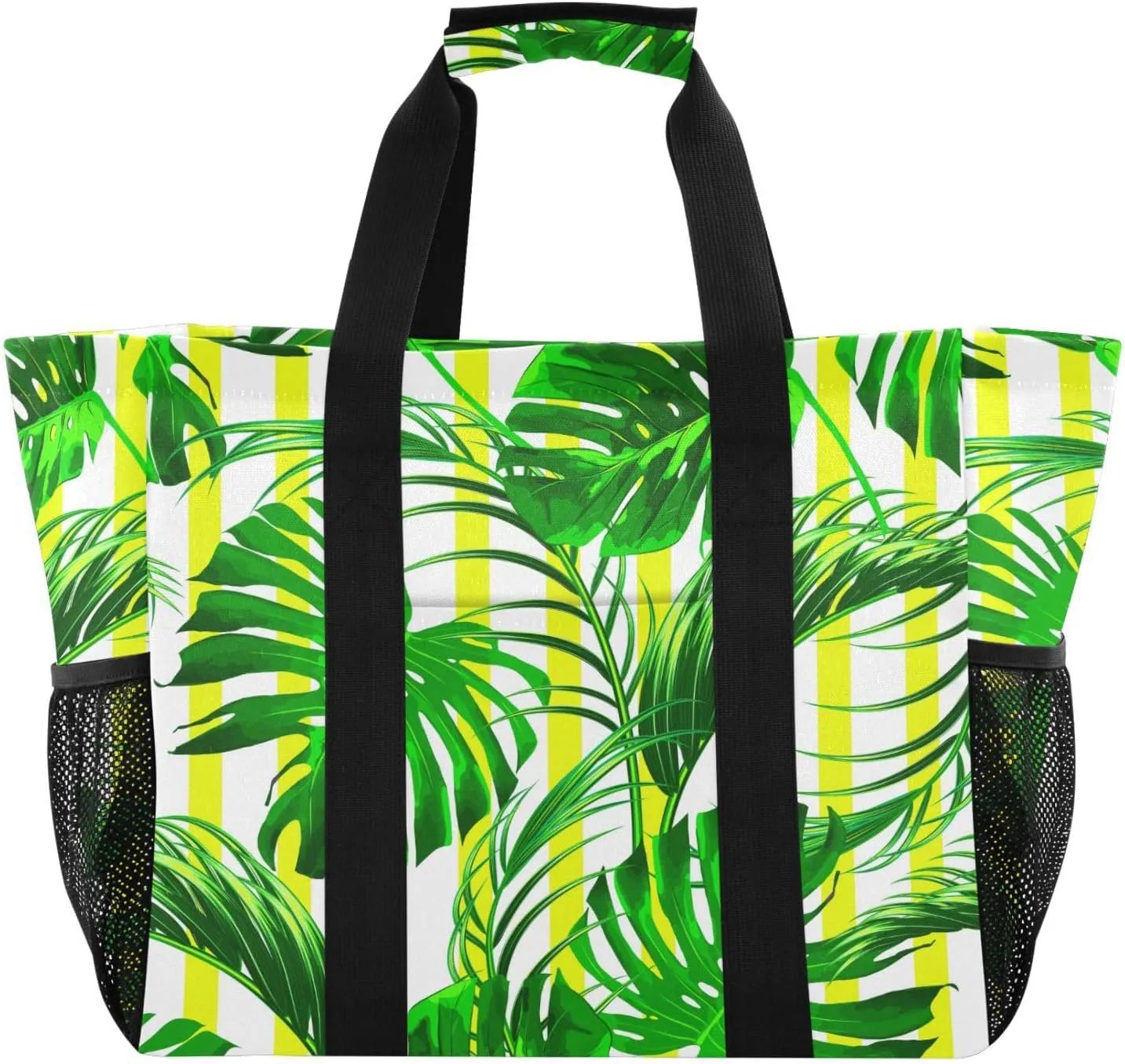 susiyo Tropical Palm Leaves Yellow Striped Reusable Grocery Tote Bag Collapsible Canvas Beach Bag Large Travel Bags for Hiking Trip Pool