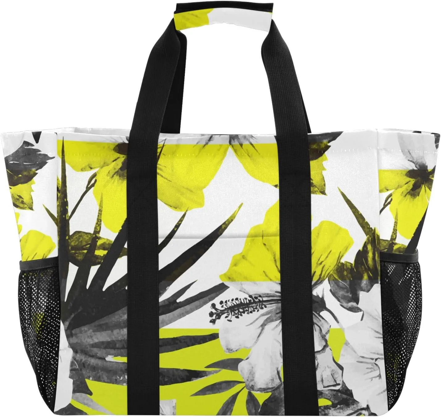 susiyo White Hibiscus Flowers Yellow Stripes Reusable Grocery Tote Bag Collapsible Canvas Beach Bag Large Travel Bags for Hiking Trip Pool