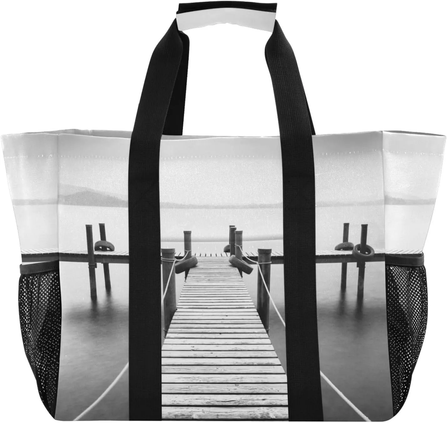 susiyo Wooden Pier on The Lake Reusable Grocery Tote Bag Collapsible Canvas Beach Bag Large Travel Bags for Hiking Trip Pool