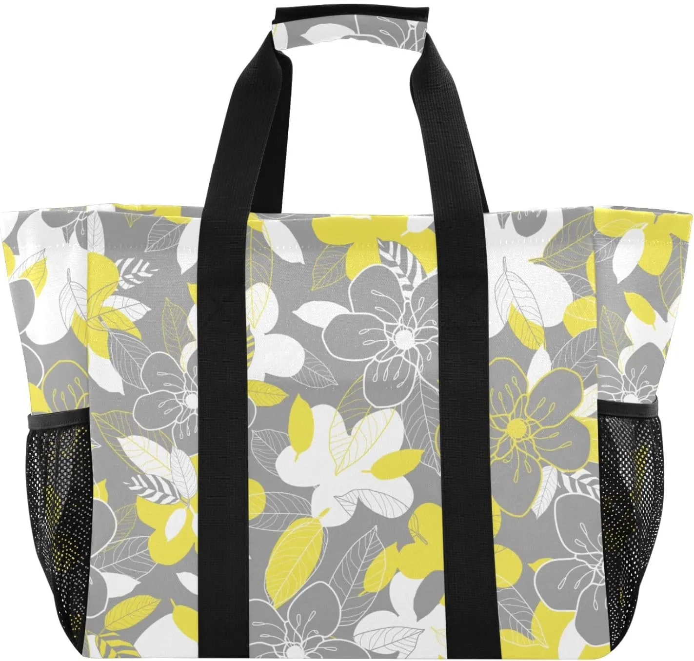 susiyo Yellow Grey Flowers Reusable Grocery Tote Bag Collapsible Canvas Beach Bag Large Travel Bags for Hiking Trip Pool