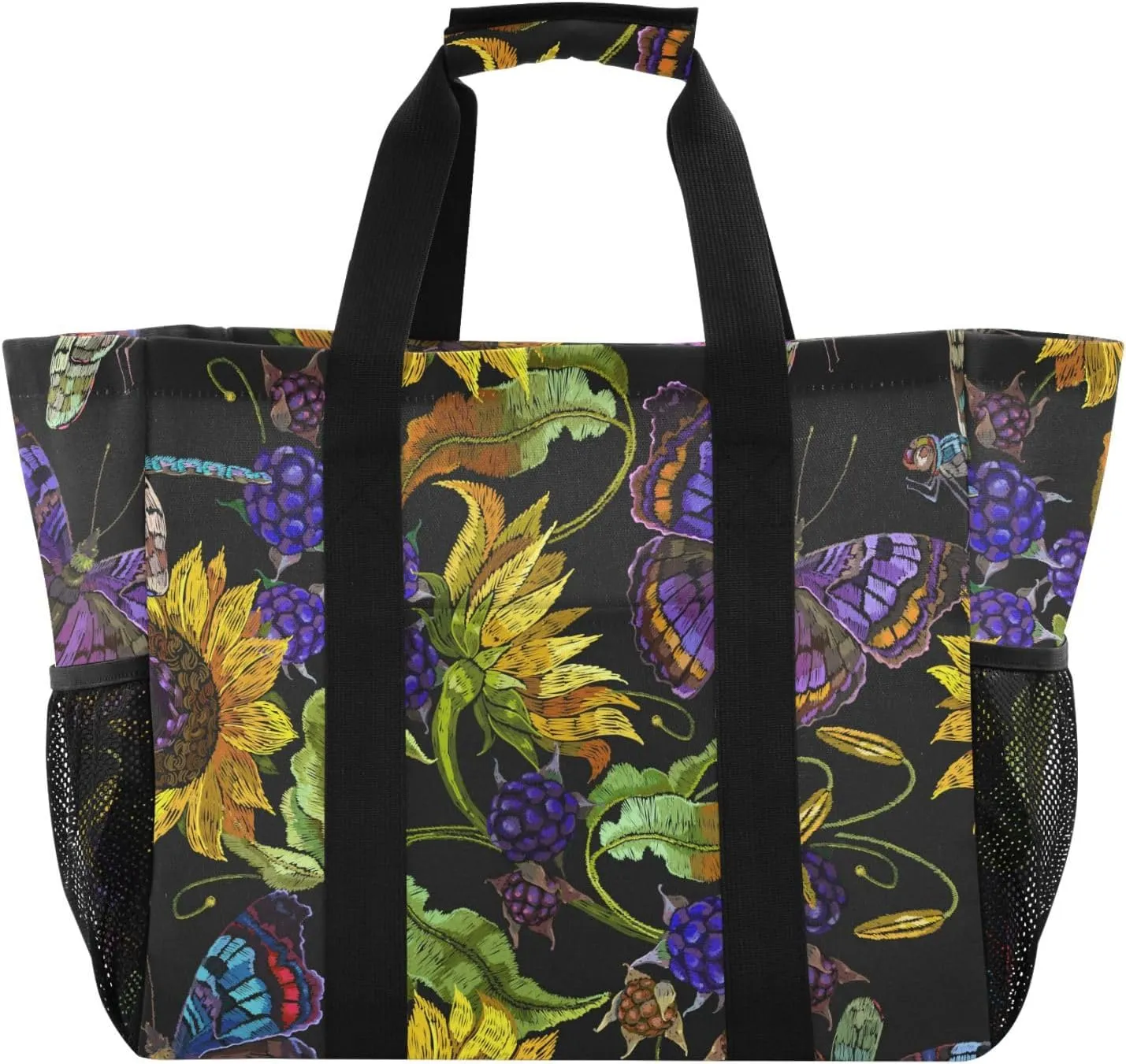 susiyo Yellow Sunflowers Butterflies Dragonflies Reusable Grocery Tote Bag Collapsible Canvas Beach Bag Large Travel Bags for Hiking Trip Pool