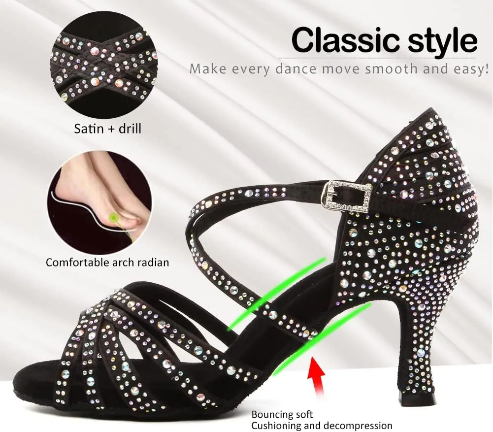 SWDZM Latin Dance Shoes for Women Rhinestone Ballroom Salsa Tango Dancing Wedding Shoes,Model L377-8.5JB