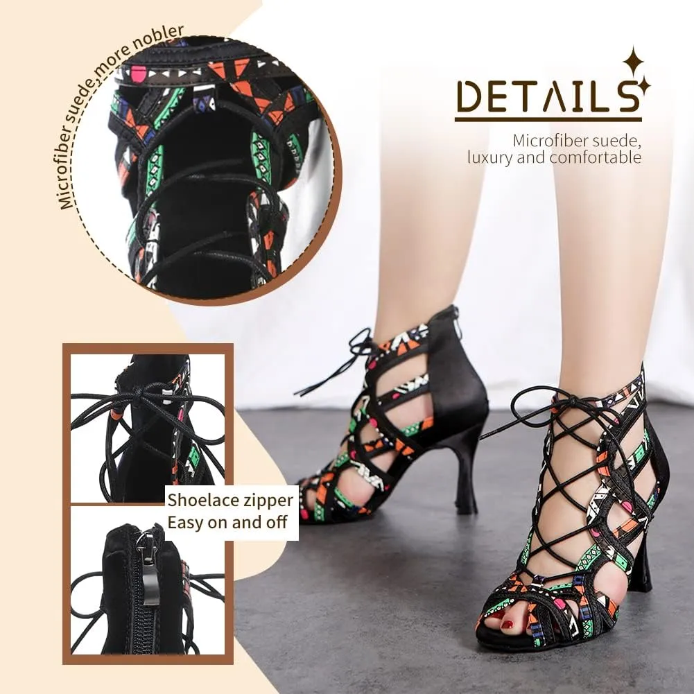 SWDZM Open Toe Salsa Dancing Boots Women Latin Ballroom Ankle Dance Shoes Lace up,Model YCL427