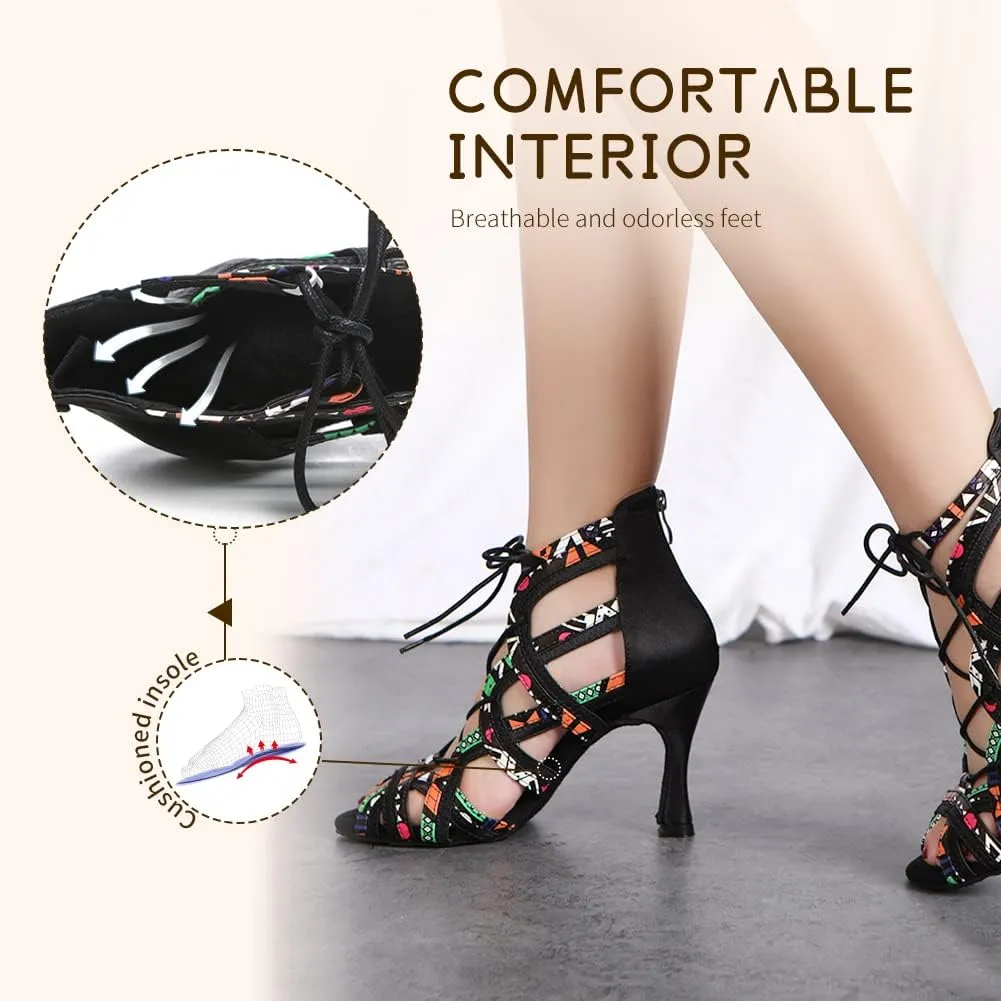 SWDZM Open Toe Salsa Dancing Boots Women Latin Ballroom Ankle Dance Shoes Lace up,Model YCL427