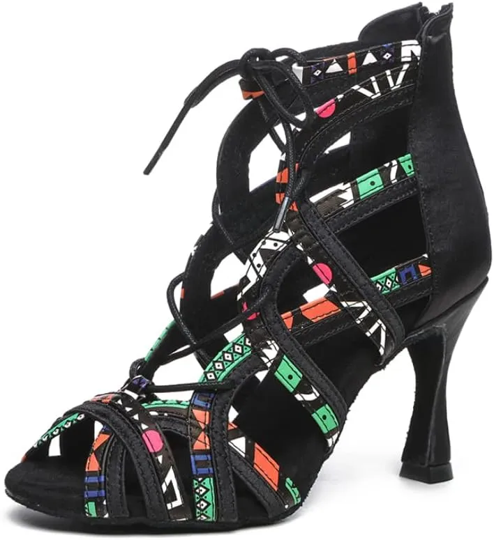 SWDZM Open Toe Salsa Dancing Boots Women Latin Ballroom Ankle Dance Shoes Lace up,Model YCL427