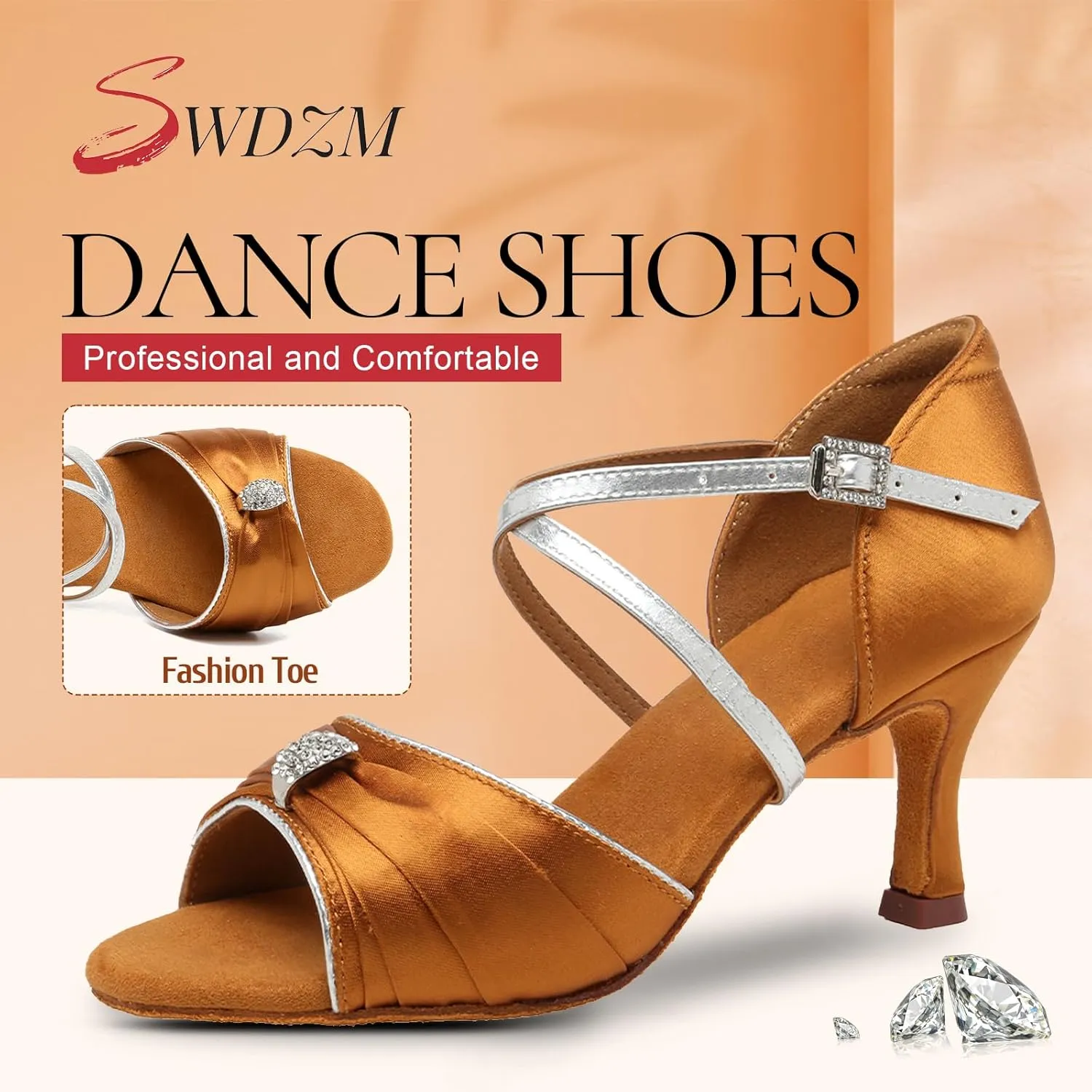 SWDZM Womens Latin Dance Shoes Satin Professional Ballroom Salsa Party Dancing Shoes with Strass