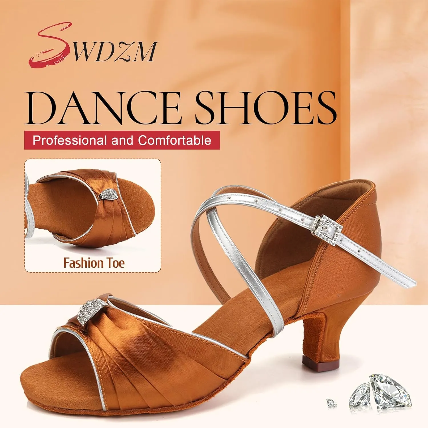 SWDZM Womens Latin Dance Shoes Satin Professional Ballroom Salsa Party Dancing Shoes with Strass