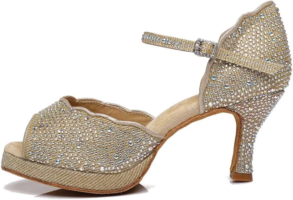 SWDZM Women's Rhinestone Ballroom Latin Dance Shoes Salsa Professional Practice Wedding Shoes,Model YCL389