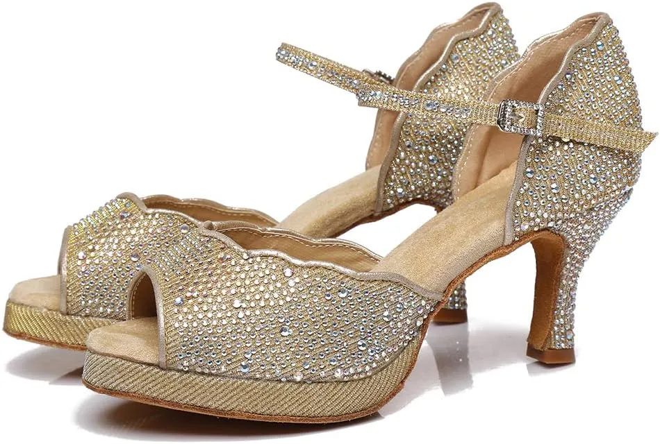 SWDZM Women's Rhinestone Ballroom Latin Dance Shoes Salsa Professional Practice Wedding Shoes,Model YCL389