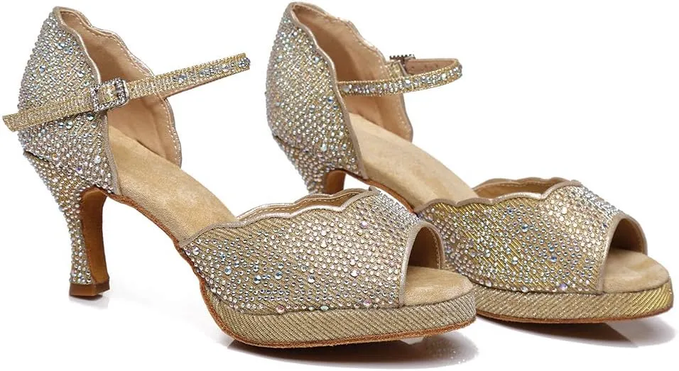 SWDZM Women's Rhinestone Ballroom Latin Dance Shoes Salsa Professional Practice Wedding Shoes,Model YCL389