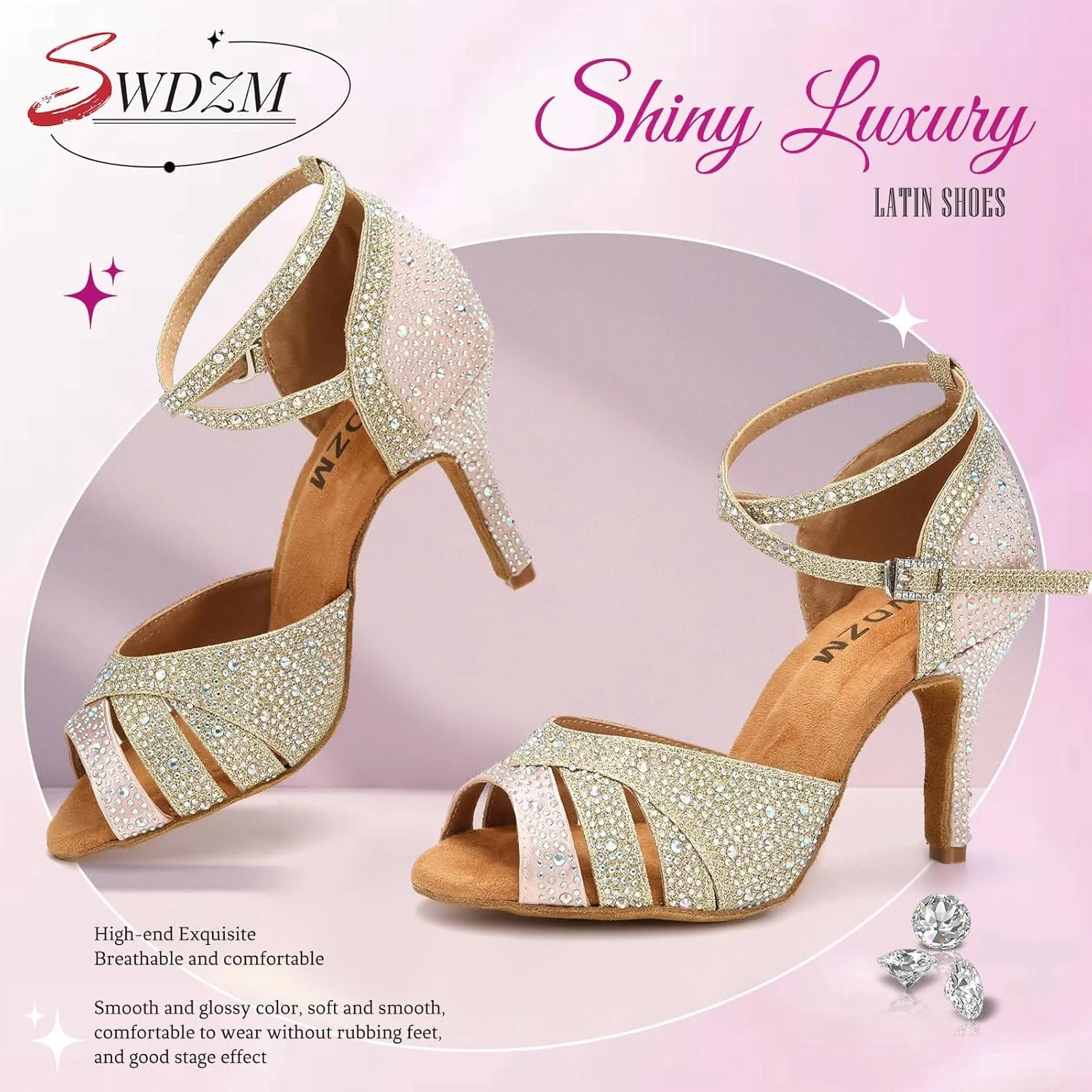 SWDZM Women's Rhinestone Ballroom Latin Dance Shoes Salsa Professional Practice Wedding Shoes,Model YCL389