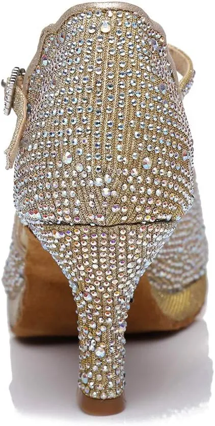 SWDZM Women's Rhinestone Ballroom Latin Dance Shoes Salsa Professional Practice Wedding Shoes,Model YCL389