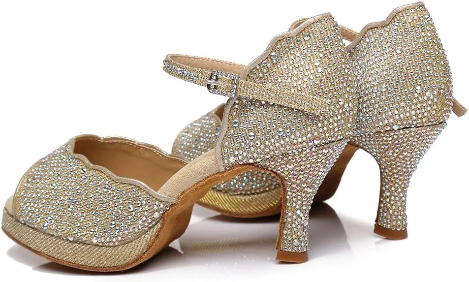 SWDZM Women's Rhinestone Ballroom Latin Dance Shoes Salsa Professional Practice Wedding Shoes,Model YCL389