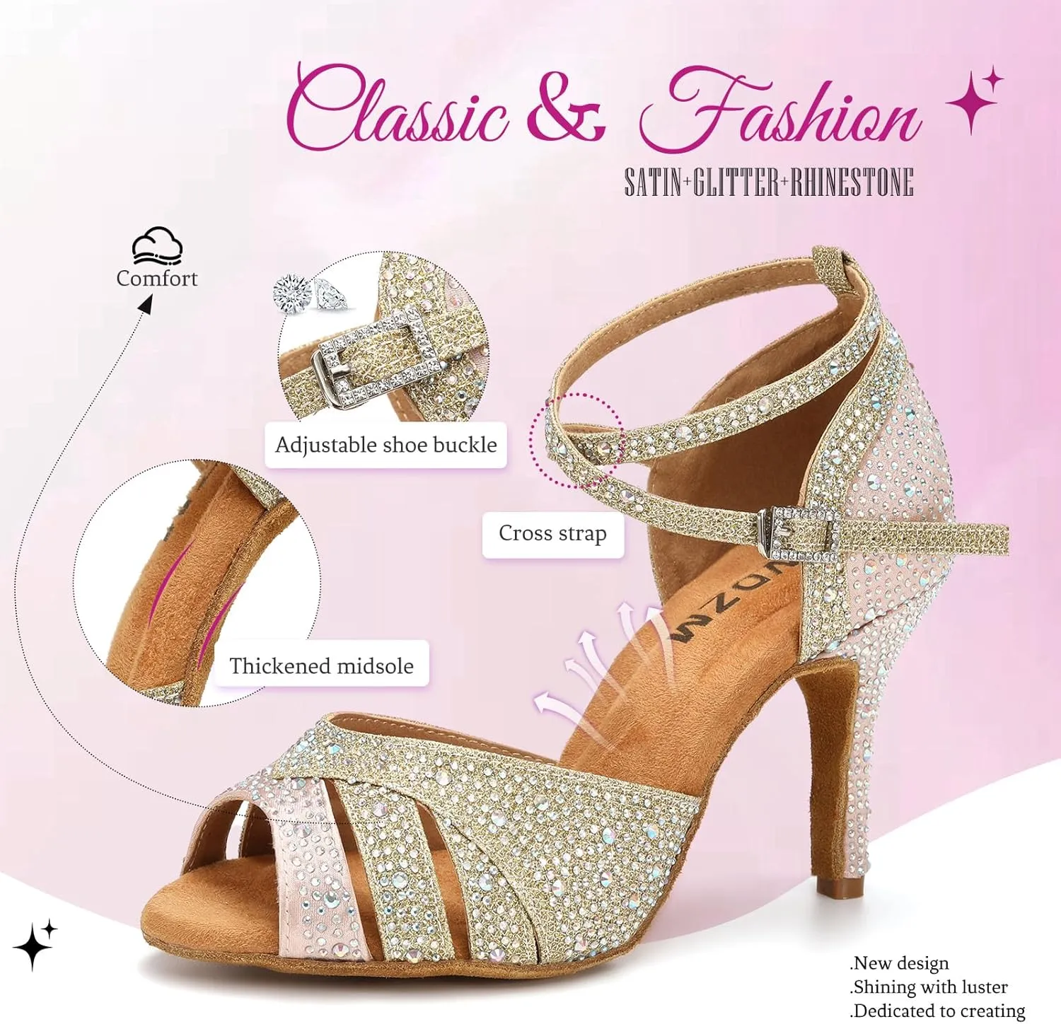 SWDZM Women's Rhinestone Ballroom Latin Dance Shoes Salsa Professional Practice Wedding Shoes,Model YCL389