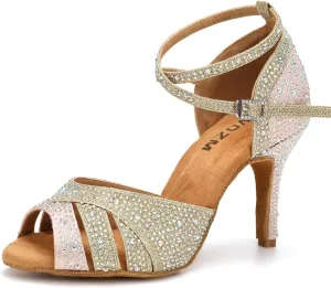 SWDZM Women's Rhinestone Ballroom Latin Dance Shoes Salsa Professional Practice Wedding Shoes,Model YCL389