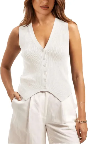 Sweater Vest Women Casual V Neck Button Down Sleeveless Knit Cardigan Vest Tank Tops Streetwear