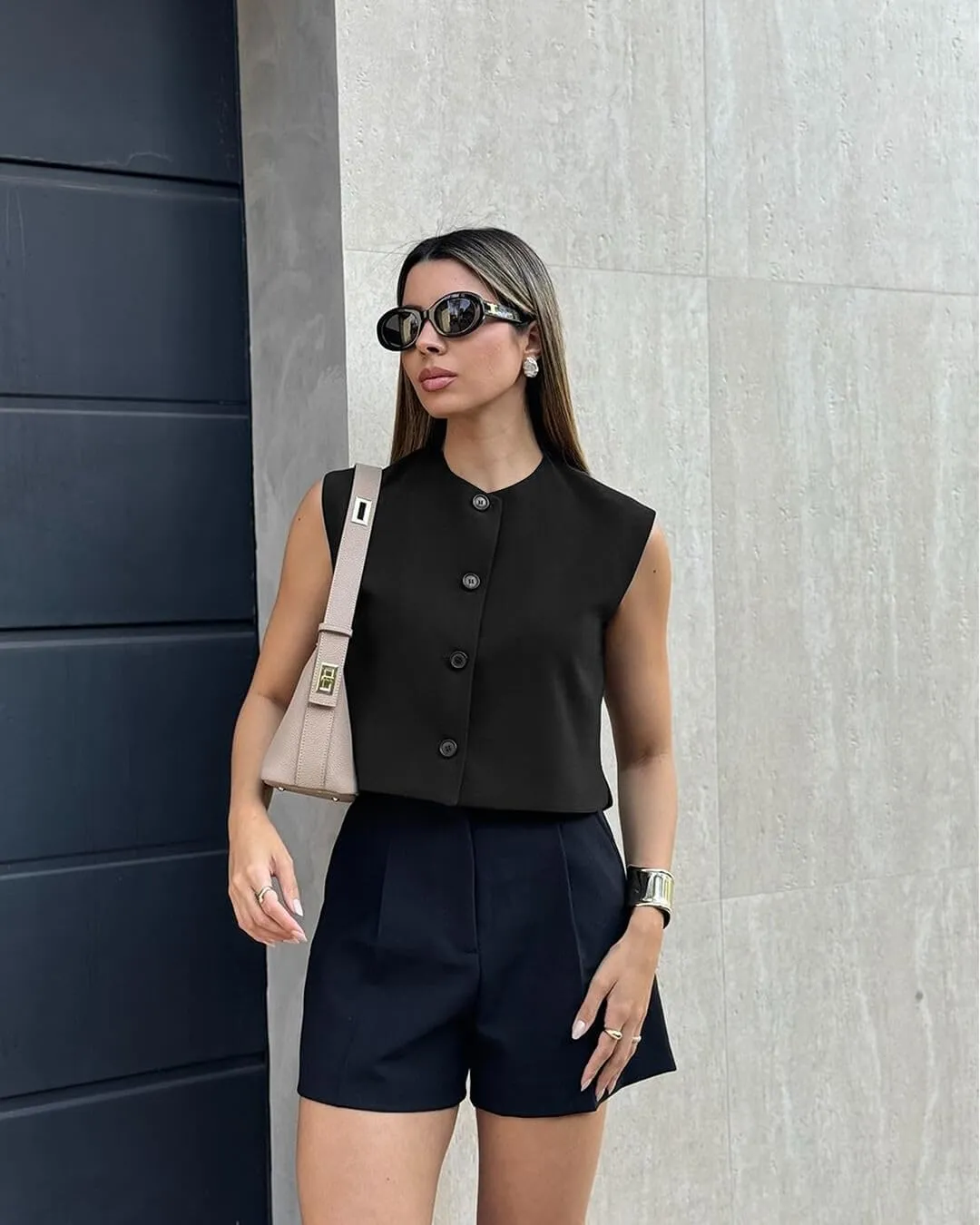 Tankaneo Womens Cropped Cap Sleeve Vest Tank Tops Summer Work Casual Crew Neck Button Down Waistcoats