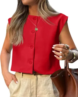 Tankaneo Womens Cropped Cap Sleeve Vest Tank Tops Summer Work Casual Crew Neck Button Down Waistcoats