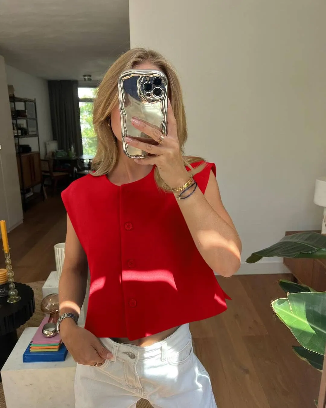 Tankaneo Womens Cropped Cap Sleeve Vest Tank Tops Summer Work Casual Crew Neck Button Down Waistcoats