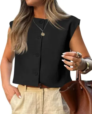 Tankaneo Womens Cropped Cap Sleeve Vest Tank Tops Summer Work Casual Crew Neck Button Down Waistcoats