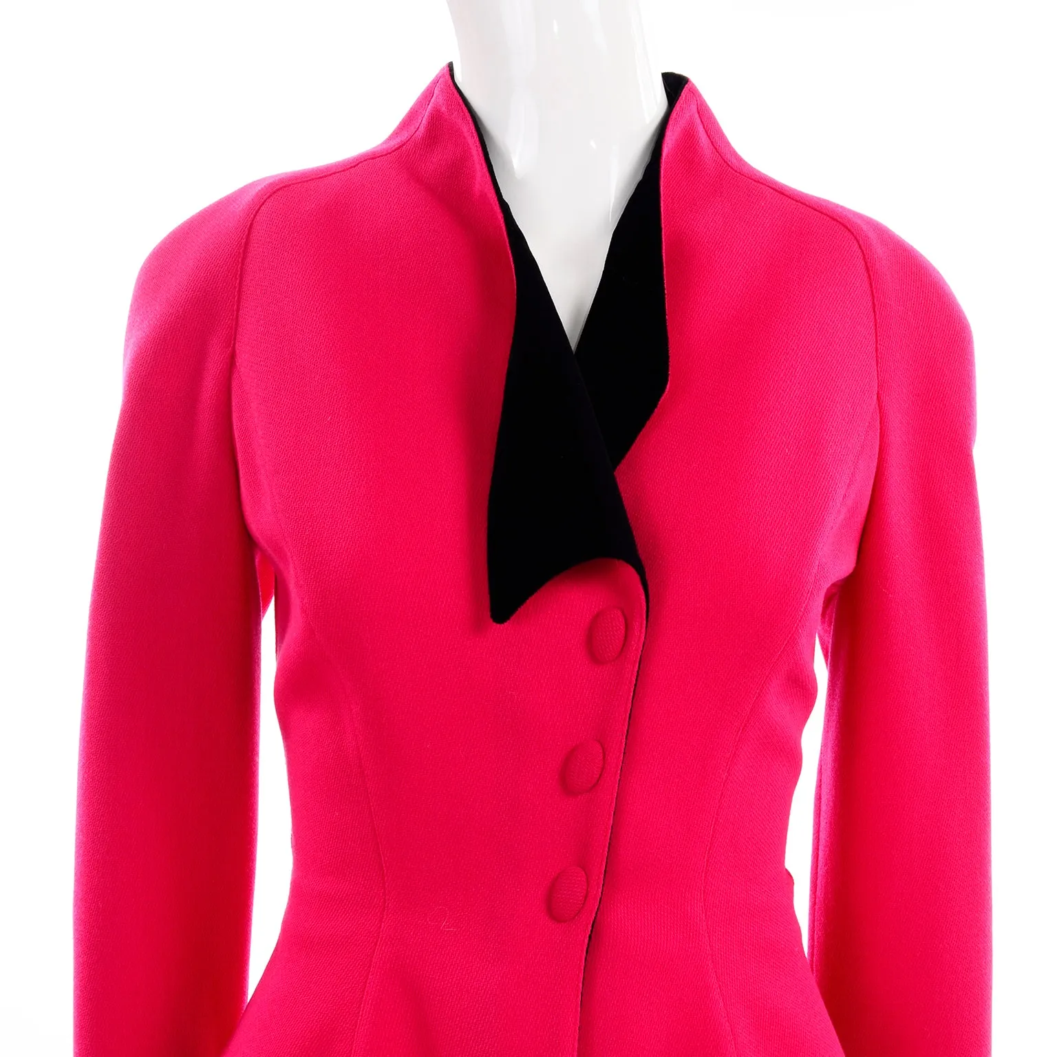 Thierry Mugler Vintage Strawberry Red Skirt & Jacket Suit w Black Trim