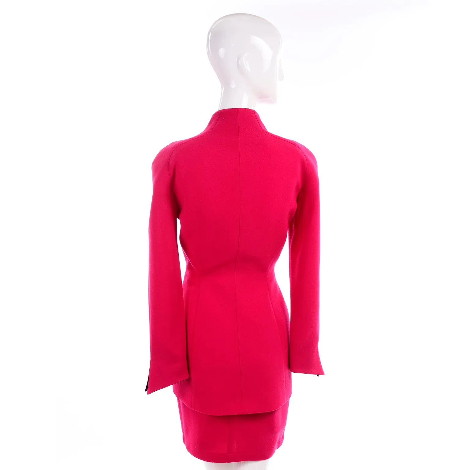 Thierry Mugler Vintage Strawberry Red Skirt & Jacket Suit w Black Trim