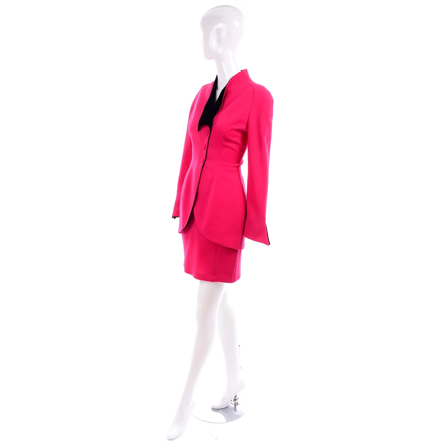 Thierry Mugler Vintage Strawberry Red Skirt & Jacket Suit w Black Trim