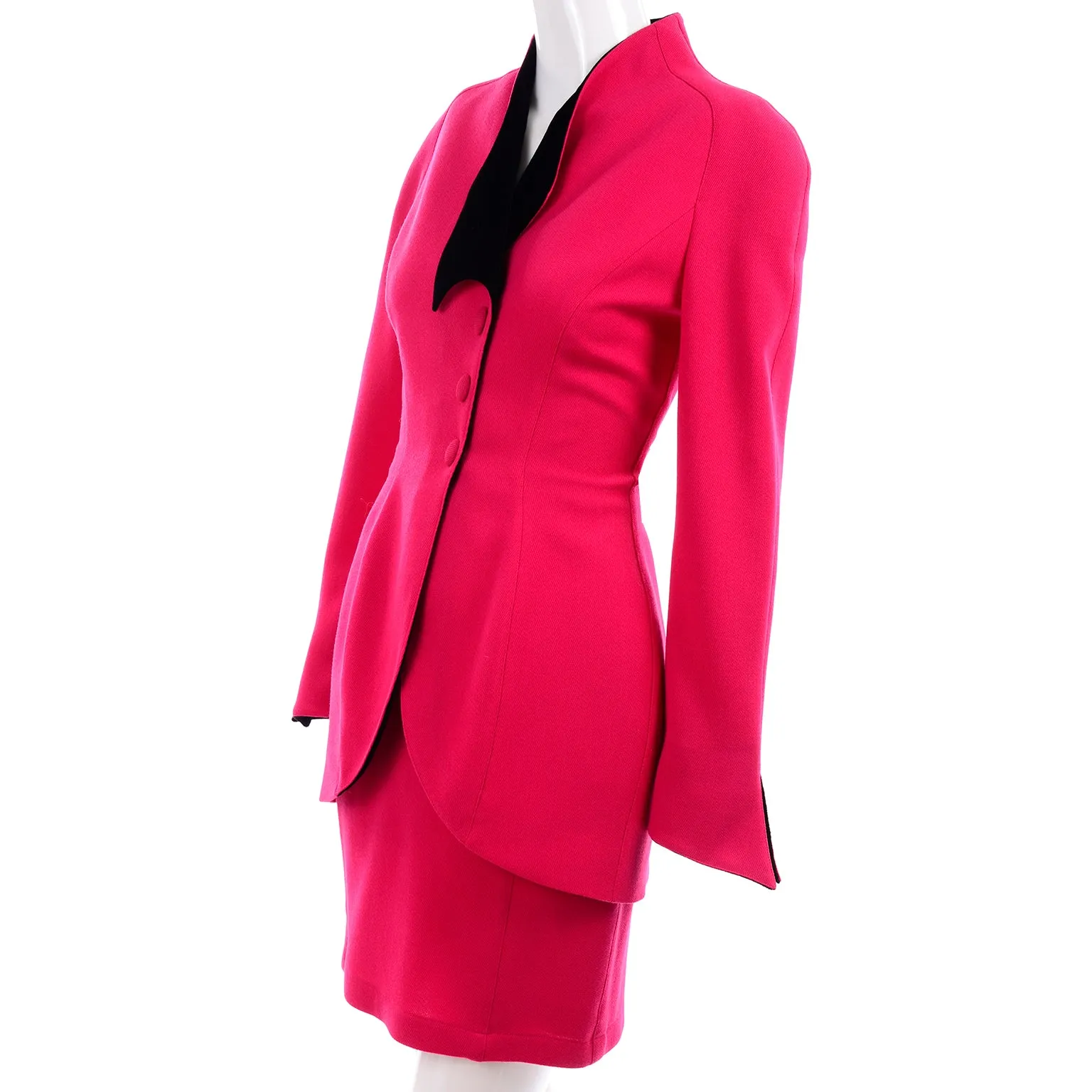 Thierry Mugler Vintage Strawberry Red Skirt & Jacket Suit w Black Trim