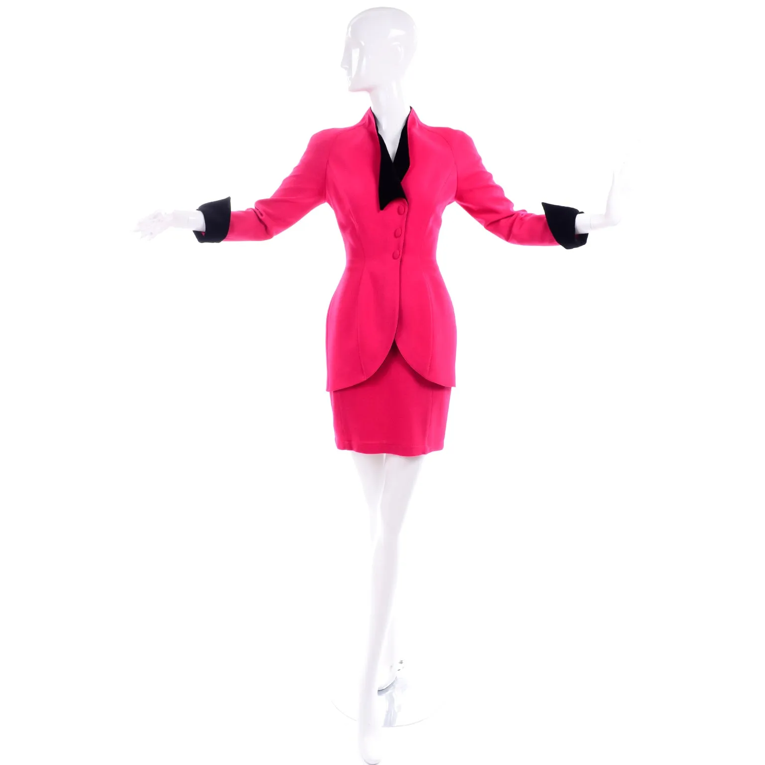 Thierry Mugler Vintage Strawberry Red Skirt & Jacket Suit w Black Trim
